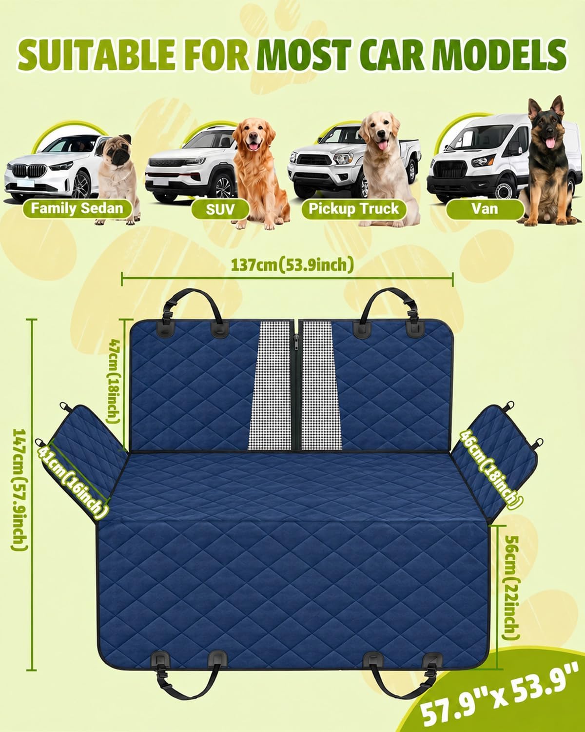 Dog Car Seat Cover, 600D Heavy Dute Car Seat Cover for Dogs Pets, 100% Waterproof Anti-Scratch Nonslip Dog Hammock for Cars, Seat Covers Protector with SeatBelt for Sedan SUV Truck Standard Blue image 2