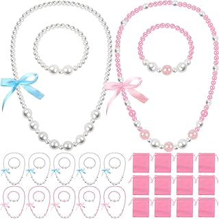 Batiyeer 12 Set Tea Party Favors for Girls Pearls Beaded Necklace and Bracelet Princess Pretend Jewelry Costume Set with Pink Velvet Pouch for Birthday Cosplay Role Play Filler Tea Party Accessories