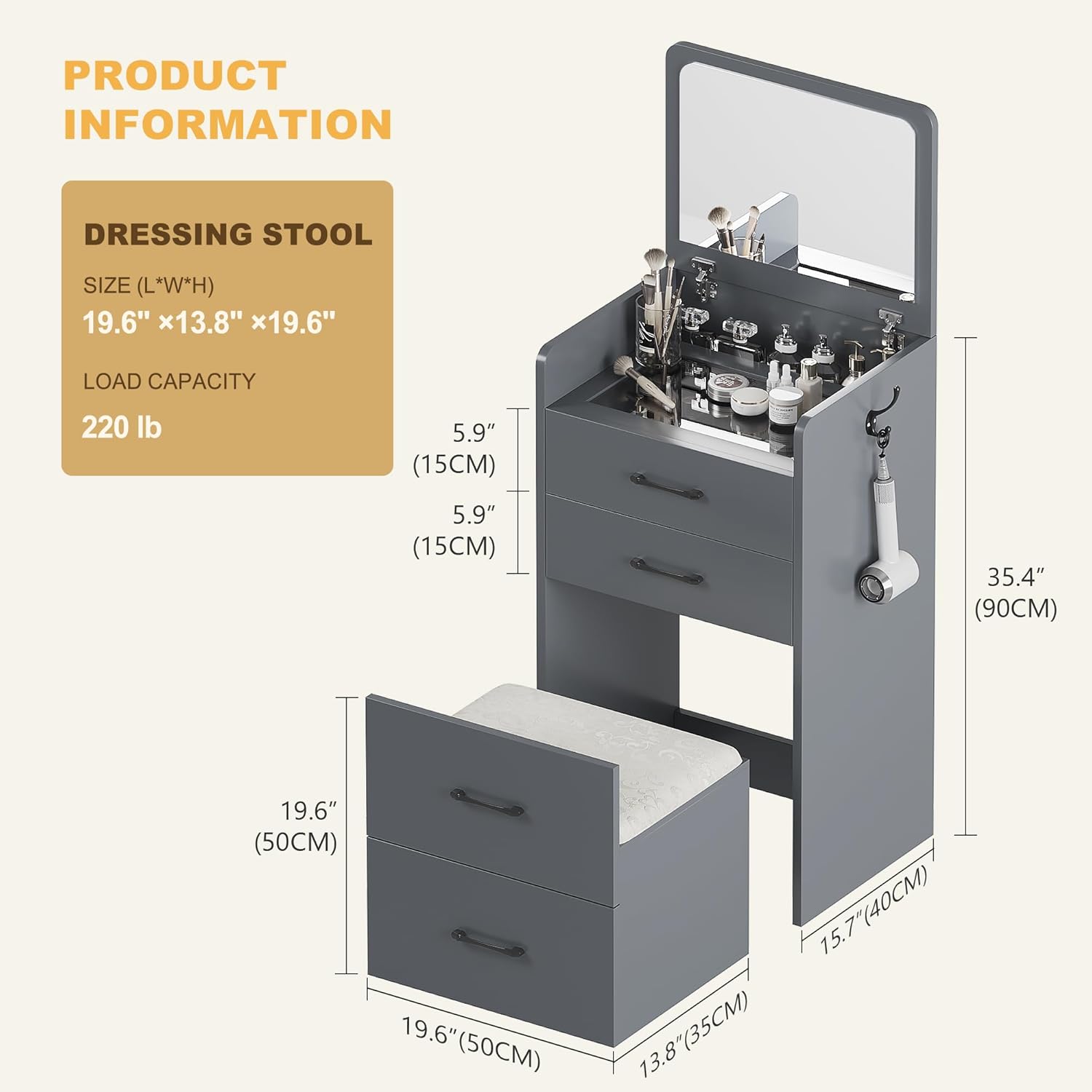 3-in-1 Makeup Vanity Desk with Flip Top Mirror and Cushioned Stool, Dressing Table with 3 Drawers, Compact Vanity Set for Small Space (Grey)