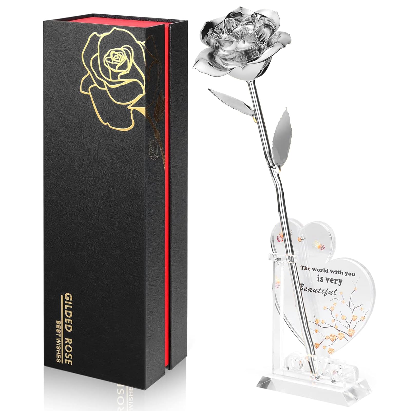 Gold Dipped Infinity Rose Last Forever Flower Decor, Birthday Gift for Women in Her Birthday Mothers Day, Resin Preserved Rose | Anniversary Present for Mom (Silver)