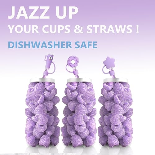 Miniatura 5 de 3 fundas de popote moradas compatibles con vasos Stanley de 30 y 40 onzas, tapas reutilizables de silicona para popotes, protectores de tapas