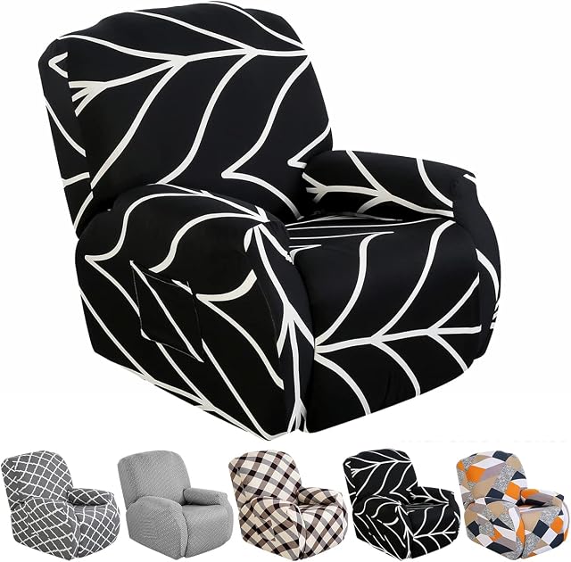 Rosnek Recliner Covers Stretch Recliner Chair Covers 4 Pieces with Pocket,Lazy Boy Reclining Chair Furniture Covers for Recliners,Jacquard Recliner Slipcovers for Large Recliner