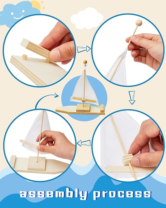 Jenaai 10 Pcs Wooden Boat Kits Wooden Sailboat to Paint DIY Wood Craft Make You Own Toy Boat Activities for Kid Summer School