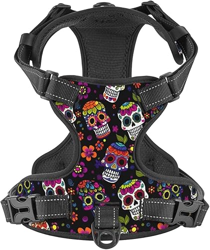 Arnés reflectante con patrón floral de calaveras de azúcar, chaleco suave sin tirones, para perros pequeños, medianos y grandes, tamaño mediano