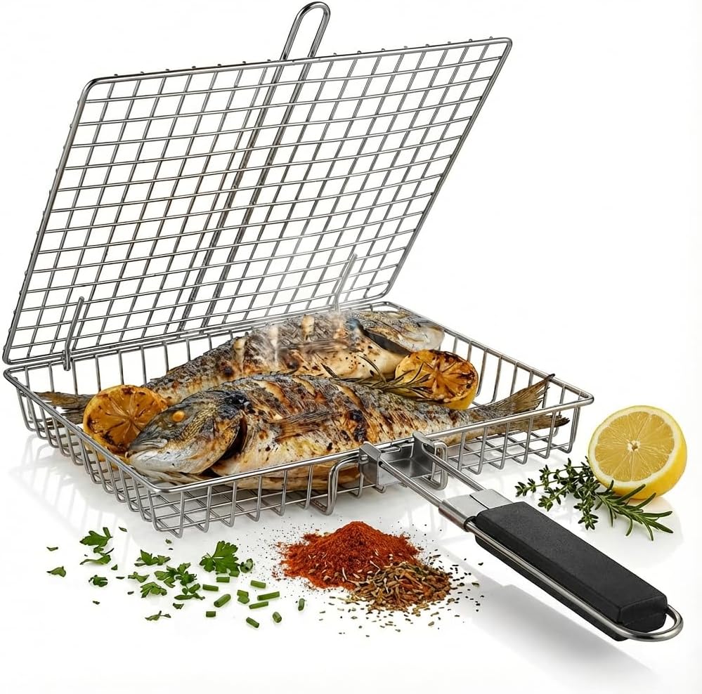Grill Basket for Outdoor Grill - Heavy Duty Carbon Steel Fish Vegetable Grilling Baskets - Portable BBQ Accessories with Detachable Handle - Large 1.1 Inch Deep Net for Steak & Shrimp