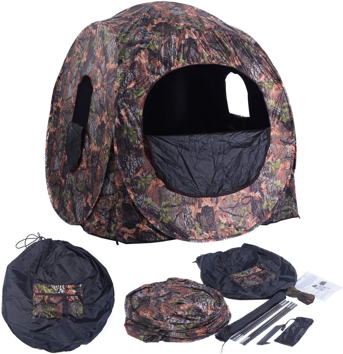 DORTALA Portable Hunting Blind, Pop Up Ground Blind with Camo Enclosure Weather Resistant, 3 Person Hunters Tent with Mesh Windows, Hunting Pop Up Tent