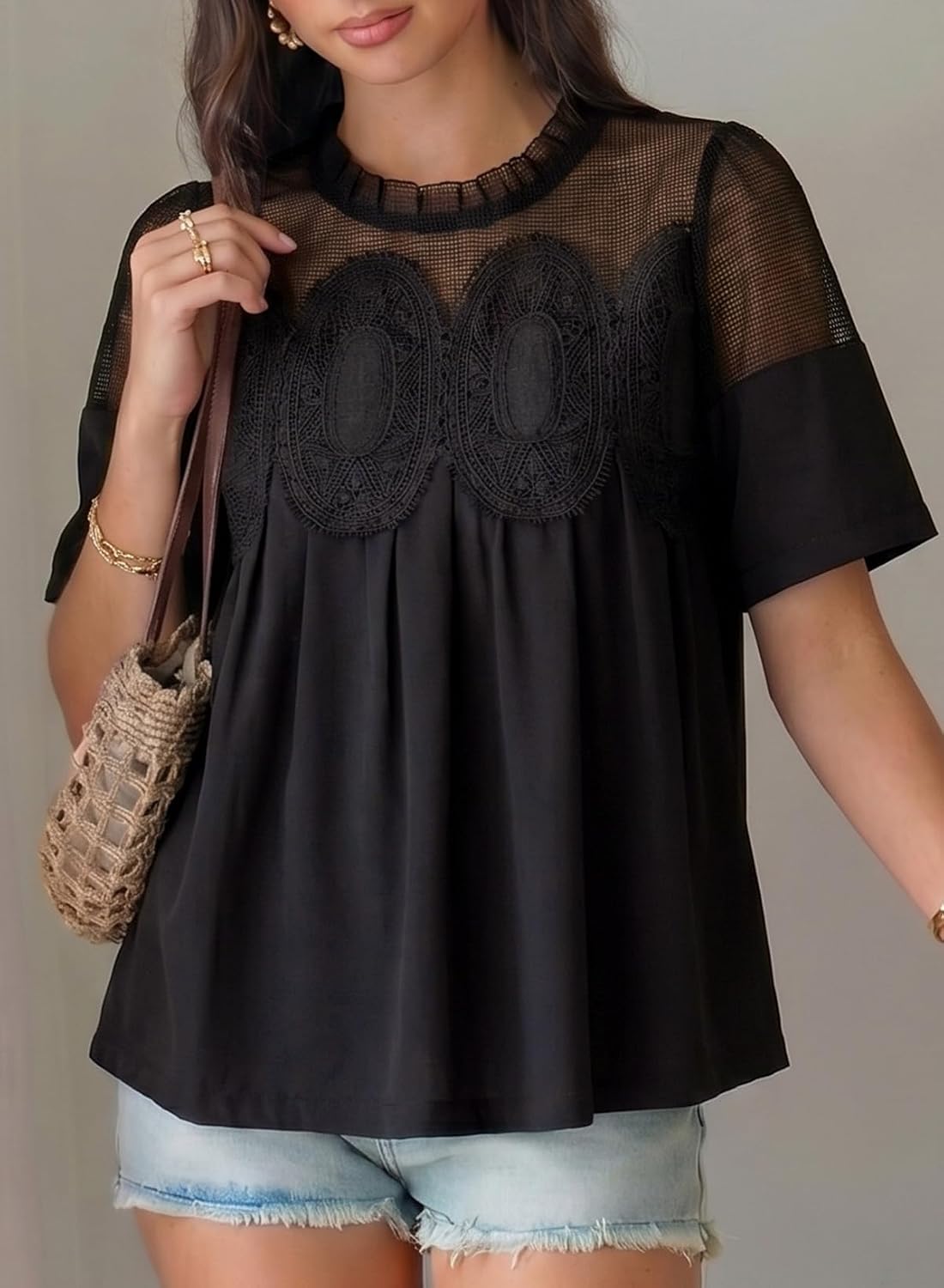 Dokotoo Women's Lace Blouse Elegant Flared Swing Tops Crew Neck Short Sleeve Textured Embroidered Mesh Shirts