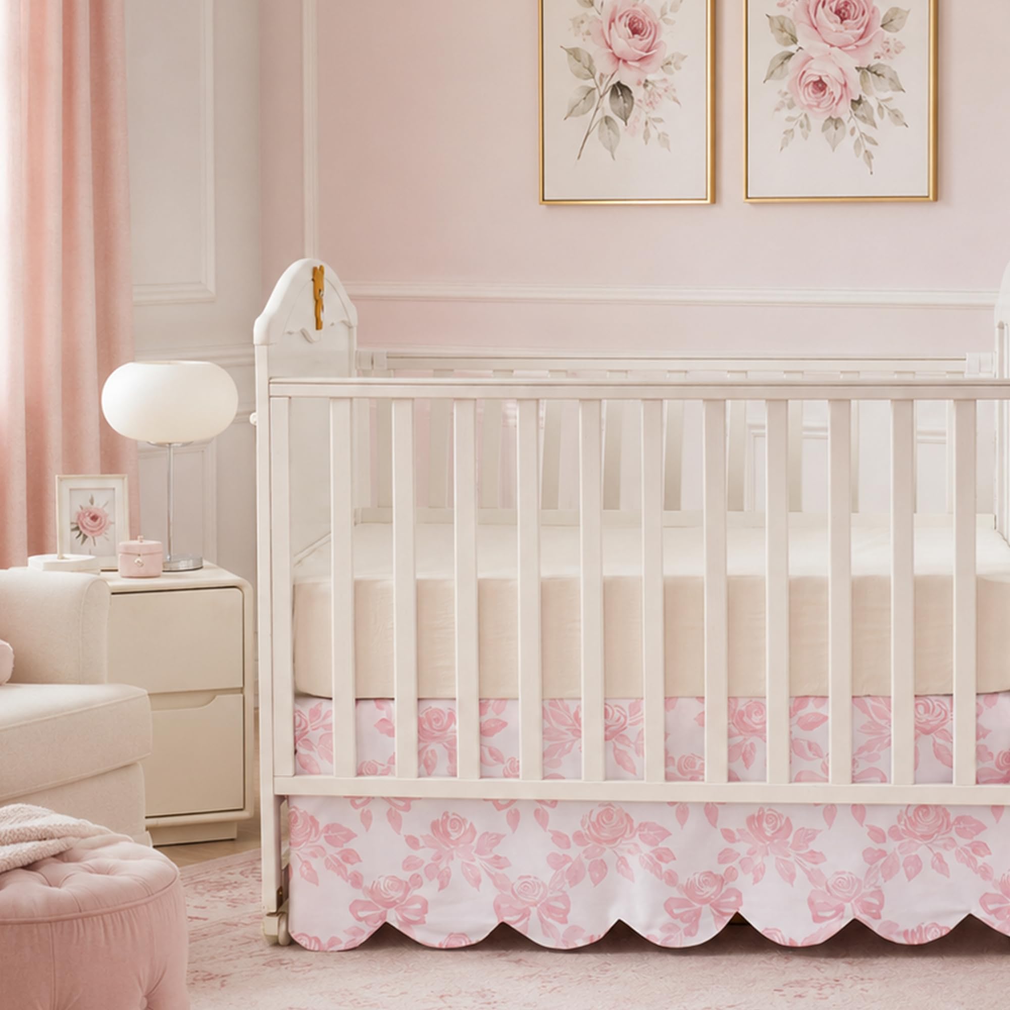Brandream Scallop Edge Organic Cotton Crib Skirt, Baby Girl Crib Skirt Toddler Bedskirt Farmhouse Chic Cottagecore Nursery Bed Skirt Fit Standard Cribs and Toddler Beds, 52"L x 28"W with 16-inch Drop