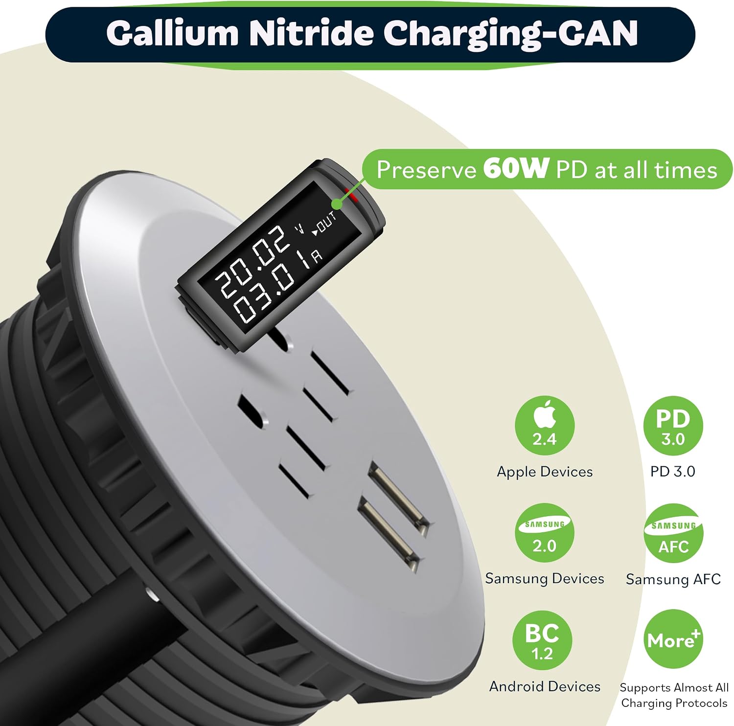 TOPGREENER Desktop Power Grommet with 60W PD for MacBook, GaN Desk Grommet with 1 Fast Charging USB-C Port, 2 USB-A Ports and Duplex Receptacles, TTRP48APD60-SV, Silver