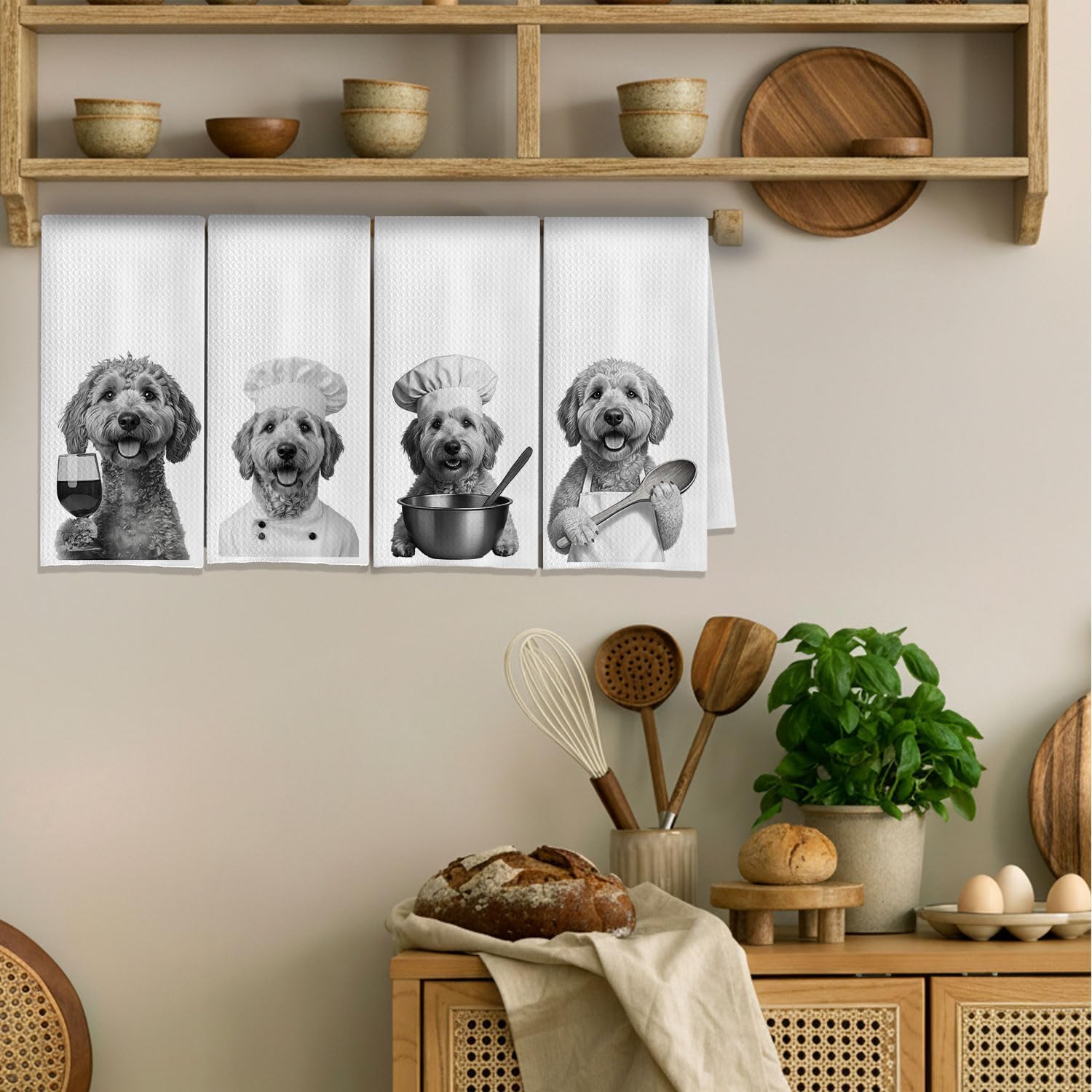 Funny Chef Goldendoodle Dog Wine Kitchen Towels, Gifts for Goldendoodle Lovers Owners Dish Tea Towels, Wine Lover Gifts Decorative Hand Towel for Kitchen, 16x24 Inch Set of 4 - Image 2