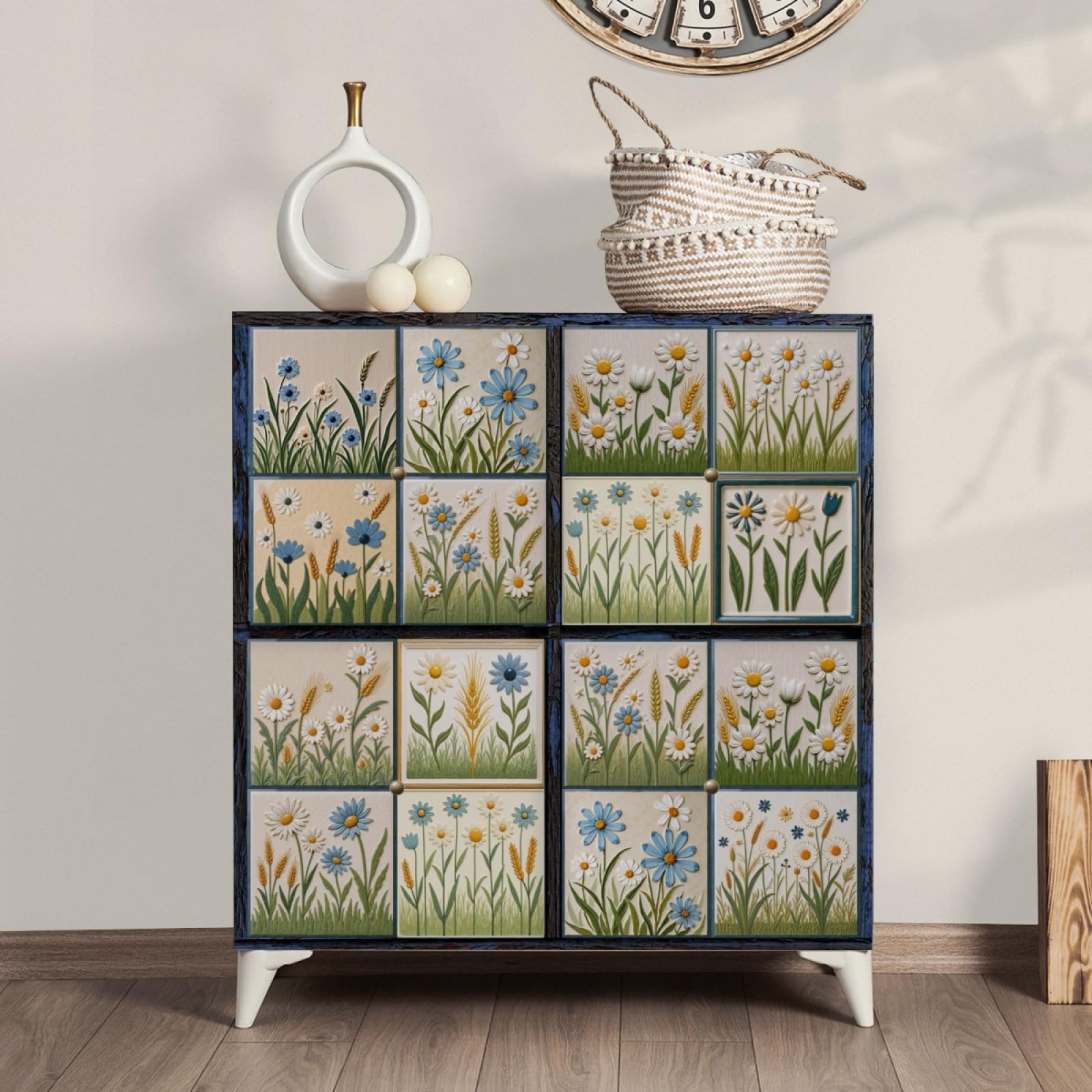 LMYSXAOZ Tile Stickers Flower Blue Green Stick on Kitchen Tiles Self Adhesive Wall PVC Peel and Covers Transfers Oil-Proof Splashbacks for Walls Removable 15x15cm/24 Pcs