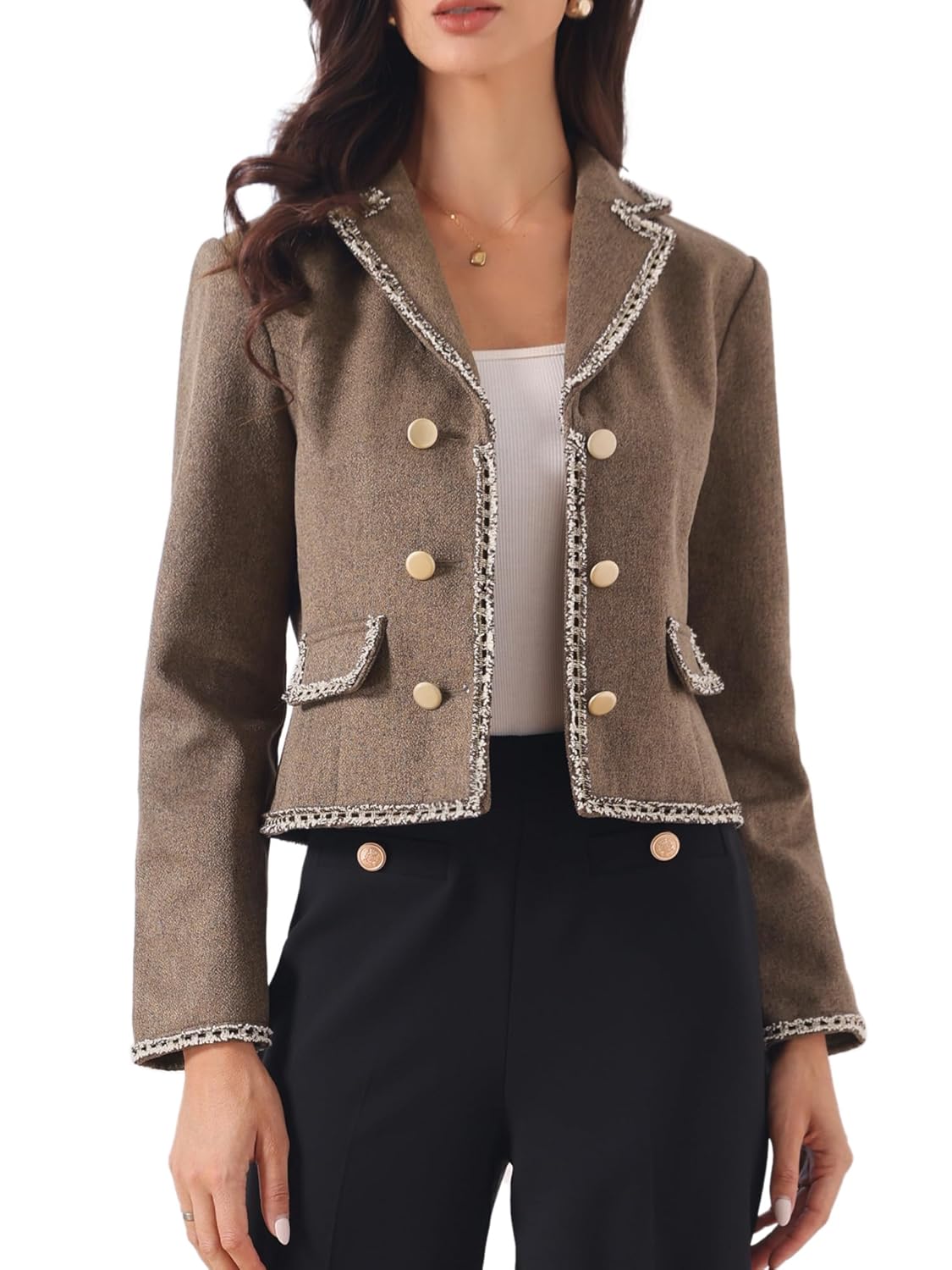 Allegra K Dressy Casual Tweed Jacket for Womens Elegant Double Breasted Long Sleeve Cropped Blazer