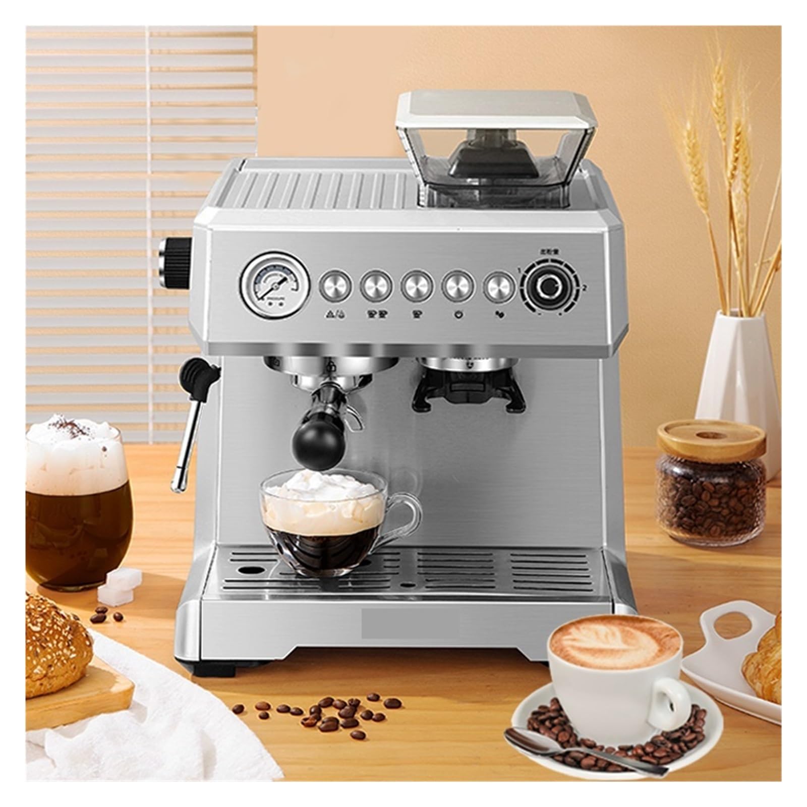 Cafetera Espresso Semiautomática con Bomba De 20 Bares De Presión, Molinillo Y Vaporizador De Leche.