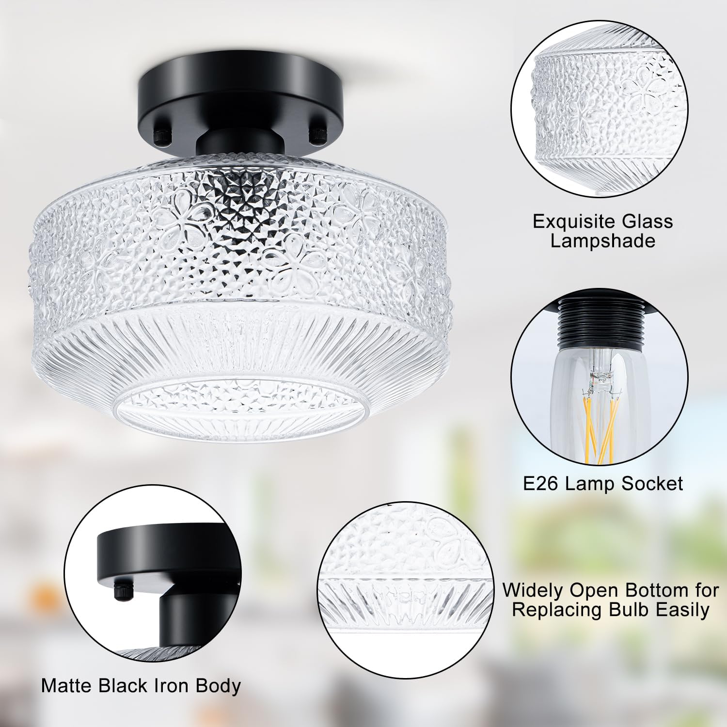Semi Flush Mount Ceiling Light, 9 Inch Modern Small Ceiling Light Fixture with Thickened Glass & Stone Floral Pattern, Black Metal Base for Hallway Kitchen Bedroom Hotel Cafe