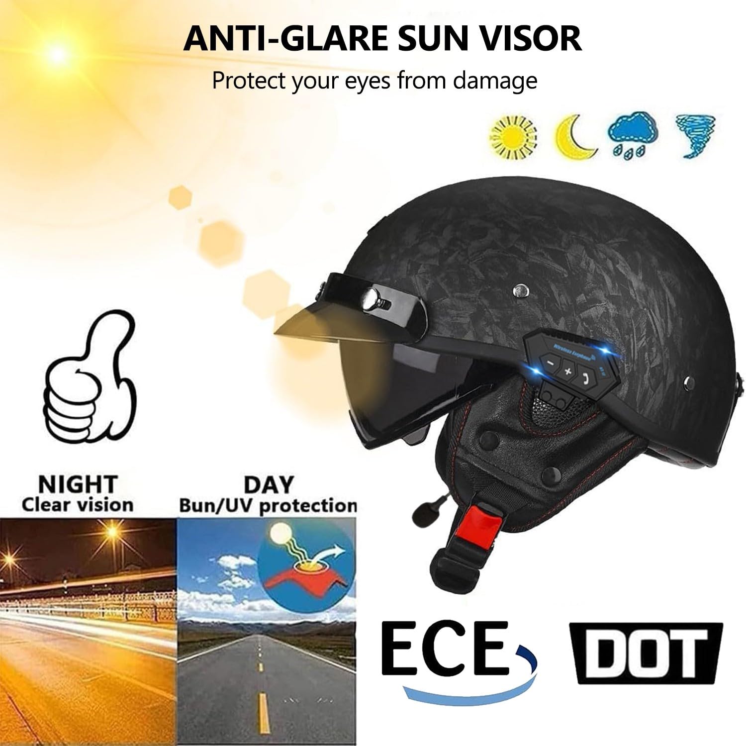 Retro Bluetooth Motorrad Halbhelme Motorradhelm für Herren und Damen DOTECE-Zertifizierung Jethelm Mit Visier Halbschalenhelm Braincap für Bike Cruiser Moped Scooter Halbhelme