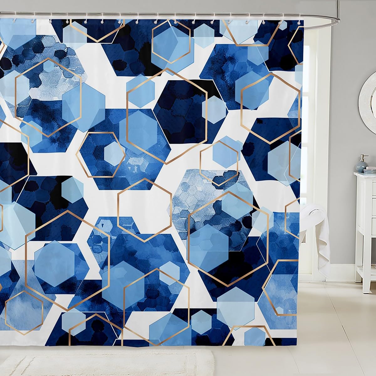 Watercolor Blue Honeycomb Bath Curtain,Golden Hexagon Geometric Print Bathroom Shower Curtain for Kids Boys,Tie Dye Diamond Art Abstract Waterproof