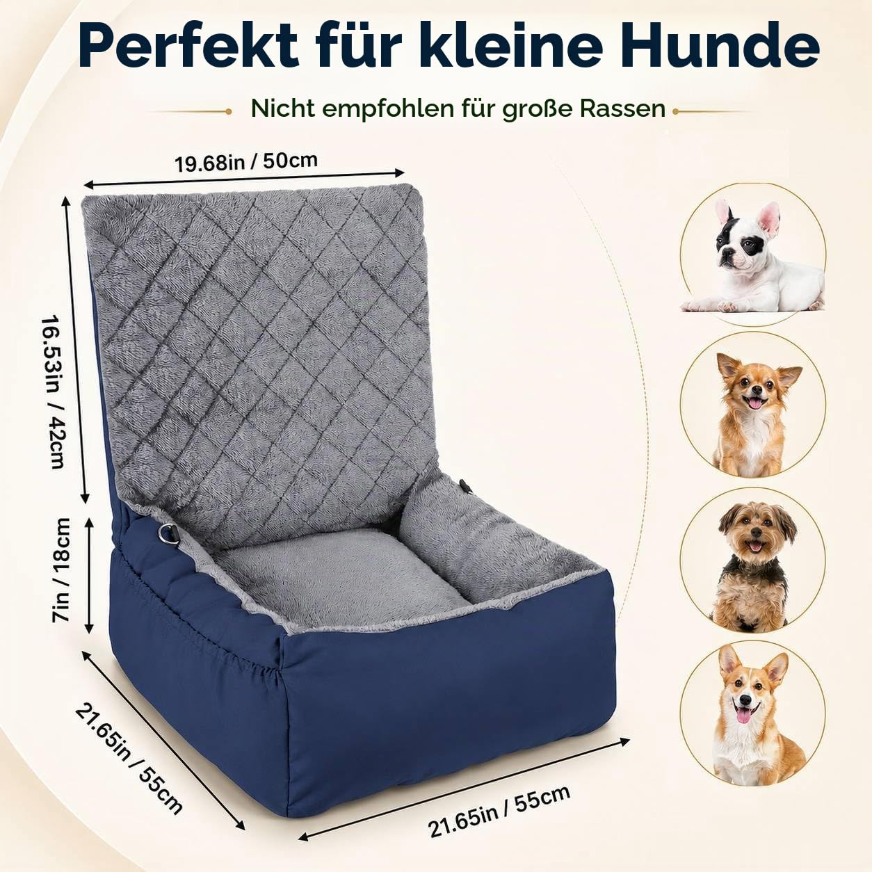 Hunde Autositz für Kleine Hunde, Hundesitz Auto mit rutschfeste Unterseite, Aufbewahrungstasche und Anschnallgurt, geeignet für Rück- und Vordersitz (Blau)