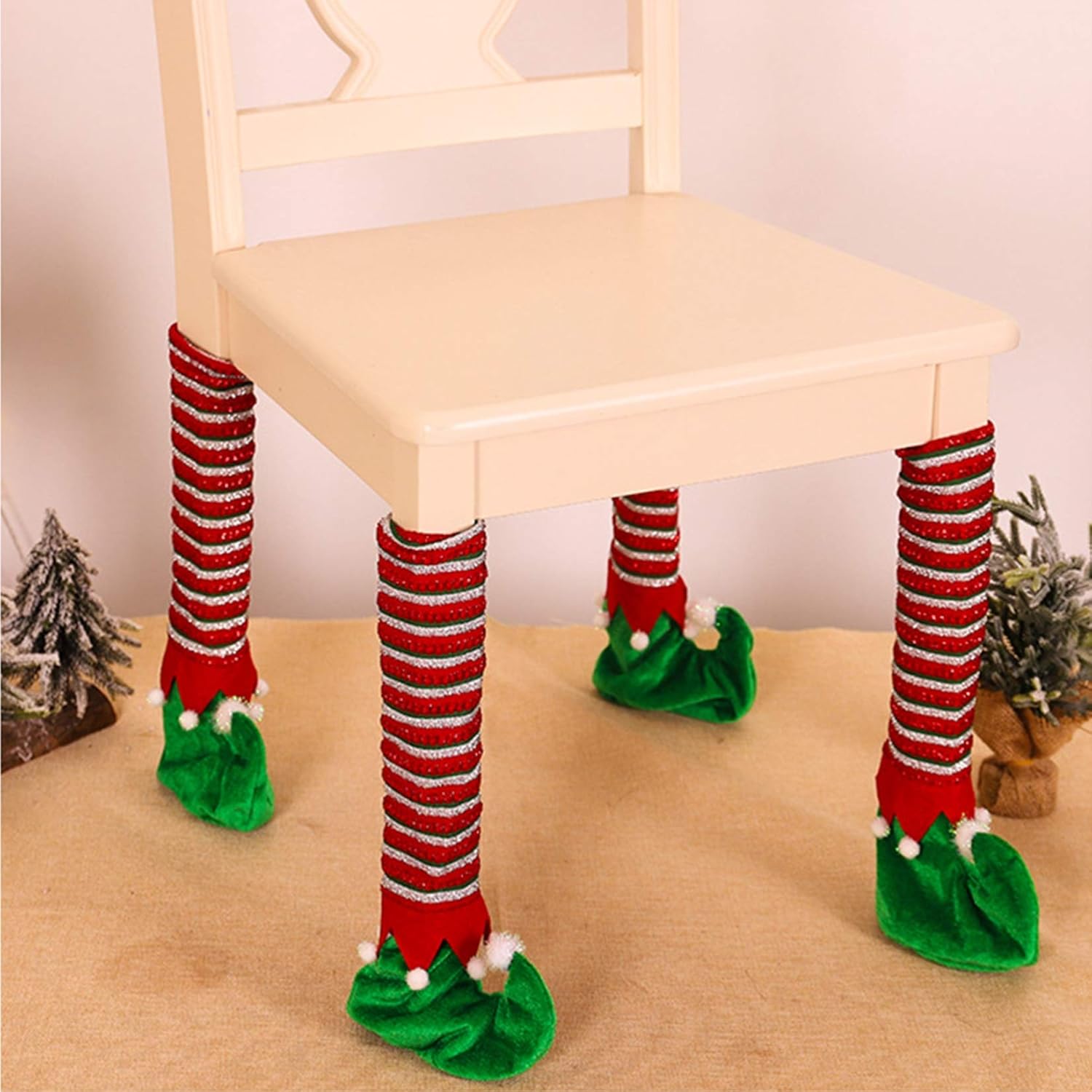 Christmas Table Leg Cover 4PCS Non-Slip Cloth Elves Chair Leg Foot Covers, Elf Striped Dining Table Leg Chair Foot Protective Cover Christmas Decor Reduce Noise for Christmas Party,Green