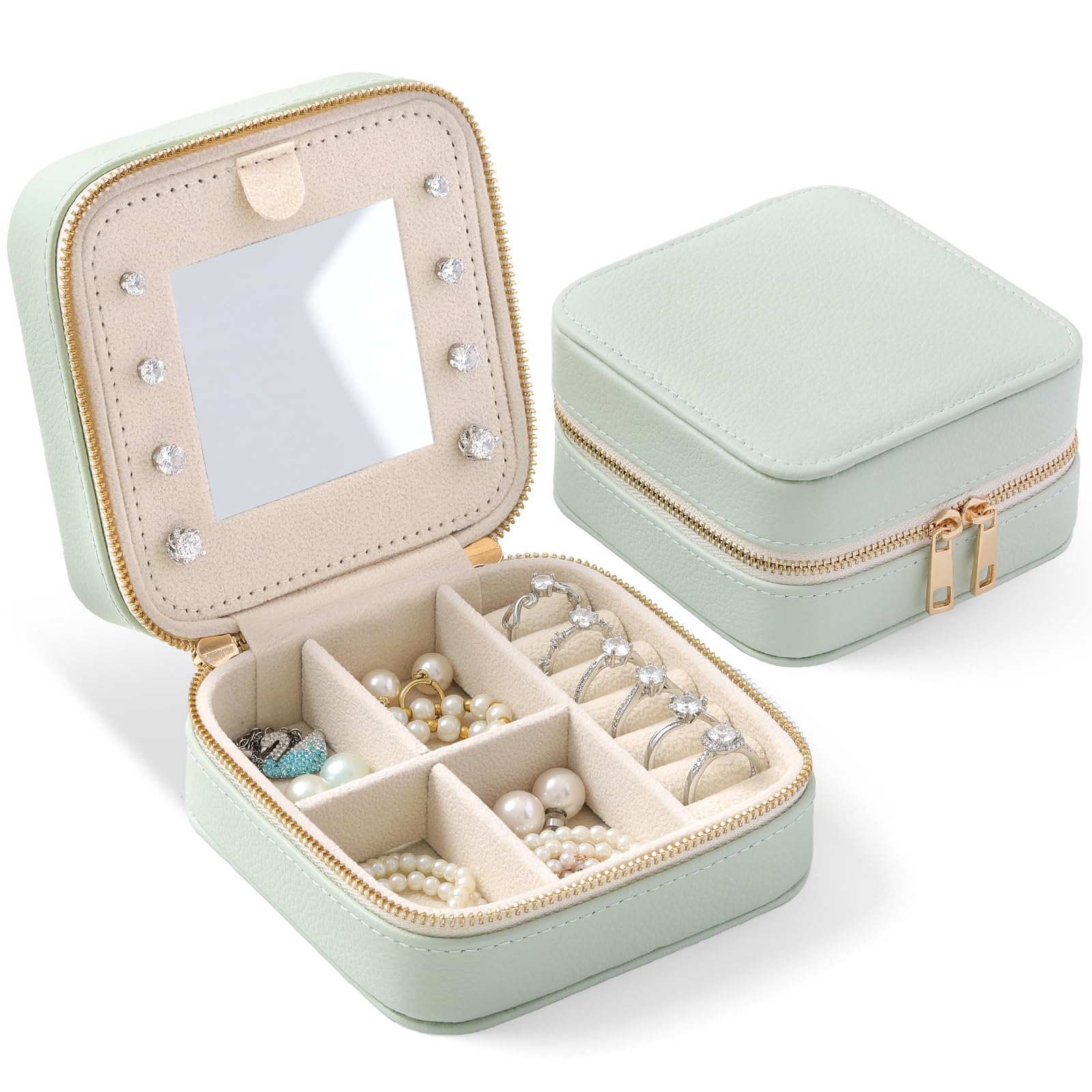 Genuine Leather Travel Jewelry Organizer Case with Mirror for Women Small Mini Portable Jewelry Box for Ring Earrings