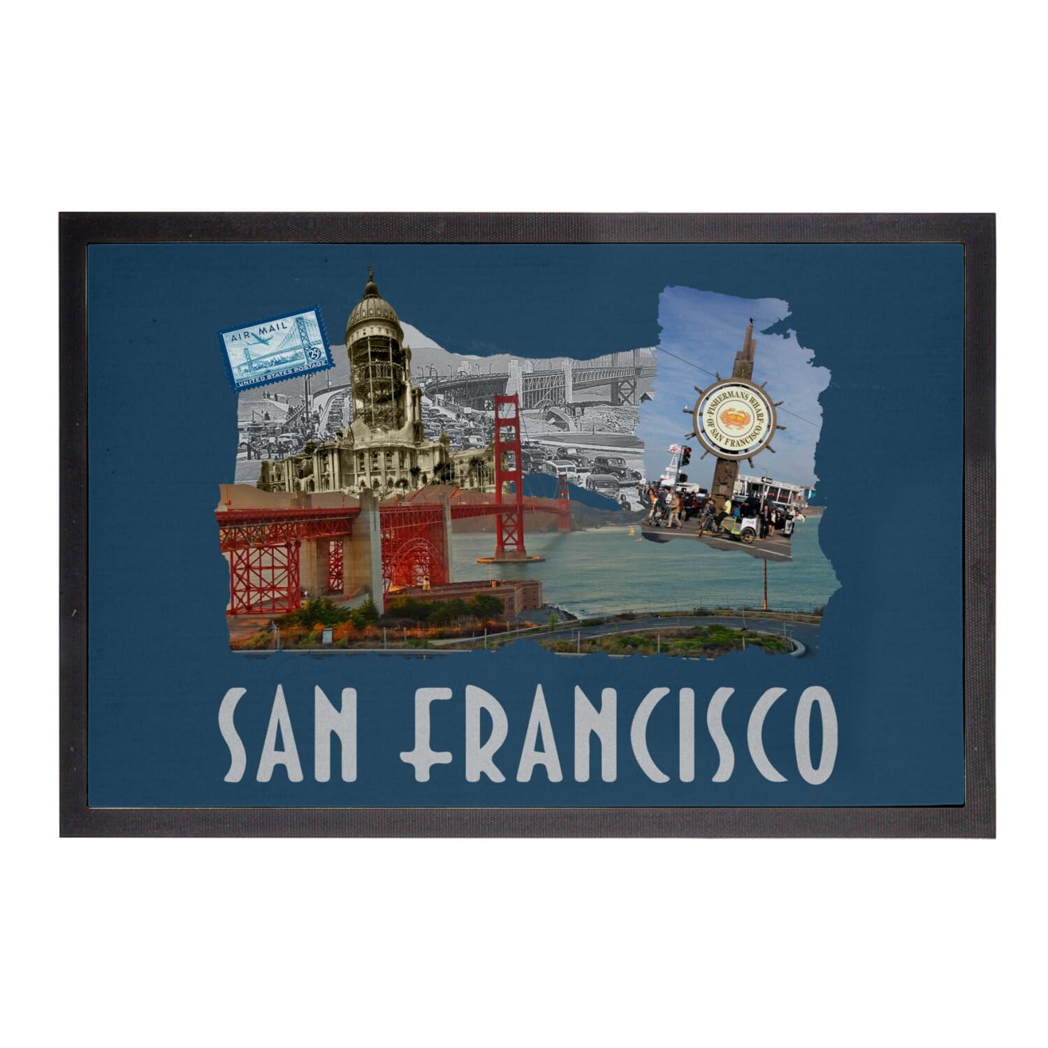 Paillasson anti-saleté San Francisco bleu tapis entrée vintage 60x40cm pour maison propre
