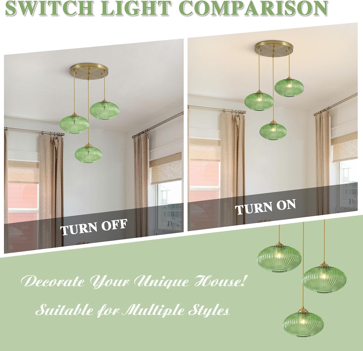 BOKT Kitchen Island 3 Light Green Cluster Pendant Lighting Modern Gold Cluster Chandelier with Striped Glass Round Staircase Flush Mount Ceiling Light Foyer High Ceiling Light