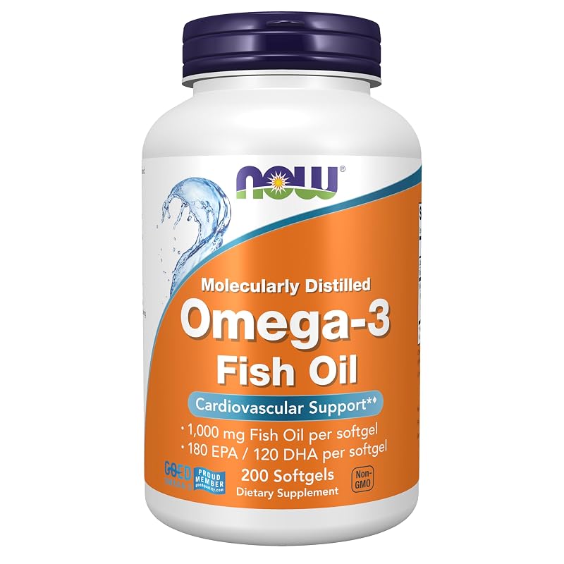 NOW Ômega-3, óleo de peixe 1.000 mg, 180 mg EPA e 120 mg DHA, 200 cápsulas gelatinosas