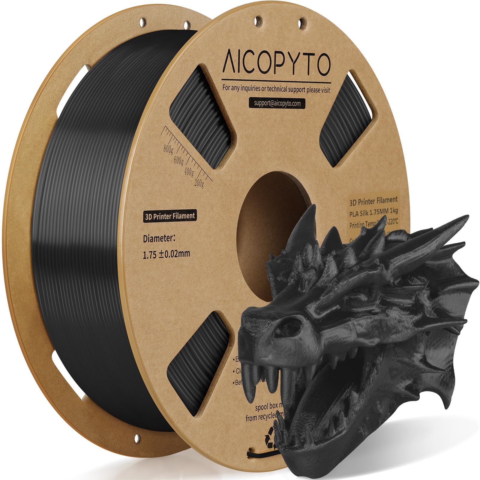 3D Printer Silk PLA Filament 1.75mm, Shiny Color Black, Dimensional Accuracy +/- 0.02 mm, 1KG (2.1lbs)/Spool Easy to Print for Most FDM 3D Printers