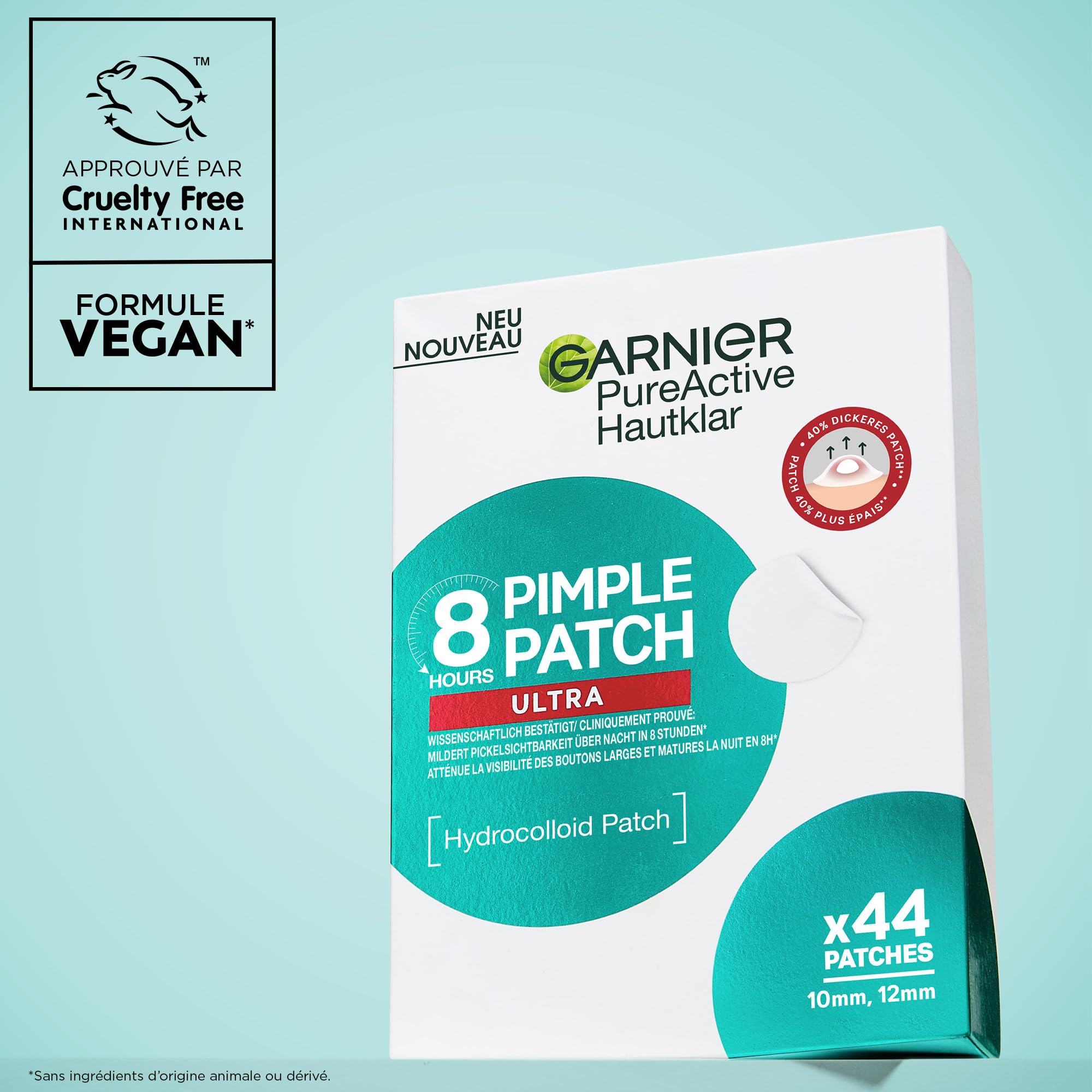 Garnier Pimple Patch 8 ore ULTRA Garnier Pure Active 44 Pezzi - CLINICAMENTE TESTATI: Riducono la visibilità dei brufoli, anche i più grossi. Uso notturno, efficaci in 8 ore
