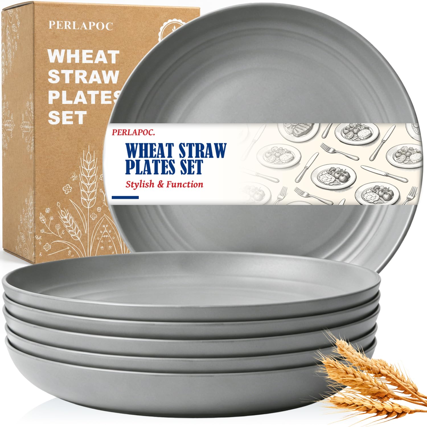 Unbreakable Wheat Straw Plates, 11In Plastic Reusable Plates, Grey