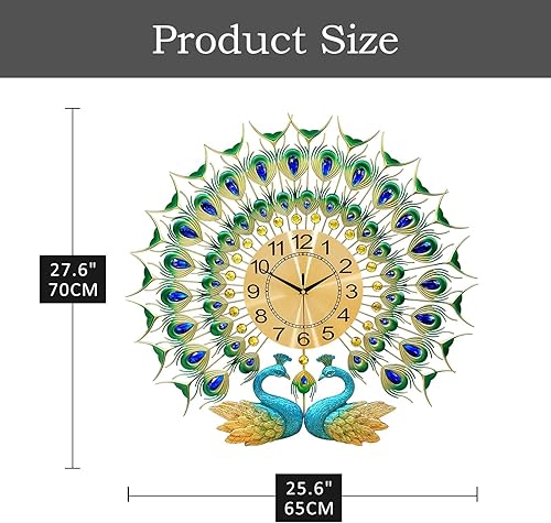 Miniatura 4 de Reloj de pared grande de pavo real de 27.6 pulgadas, sin tictac, cristal silencioso, personalidad creativa, arte moderno, relojes de pared