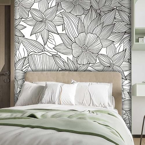 Miniatura 2 de YANFENQI Bohemian Wallpaper Black and White Papel Tapiz para Cocina Lines Concise Living Room Protects Surface (W) 48" X(H) 40"