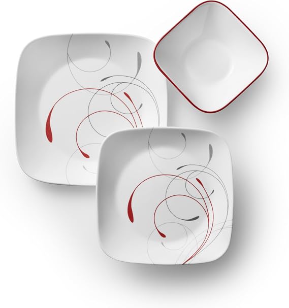 Corelle Vitrelle 18-Piece Service 6-Piece Dinnerware Set, 3-Ply Glass and Chip Resistant, Lightweight Square Plate and Bowl Set, Amazing
