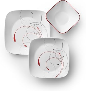 Corelle Vitrelle 18-Piece Service 6-Piece Dinnerware Set, 3-Ply Glass and Chip Resistant, Lightweight Square Plate and Bowl Set, Amazing