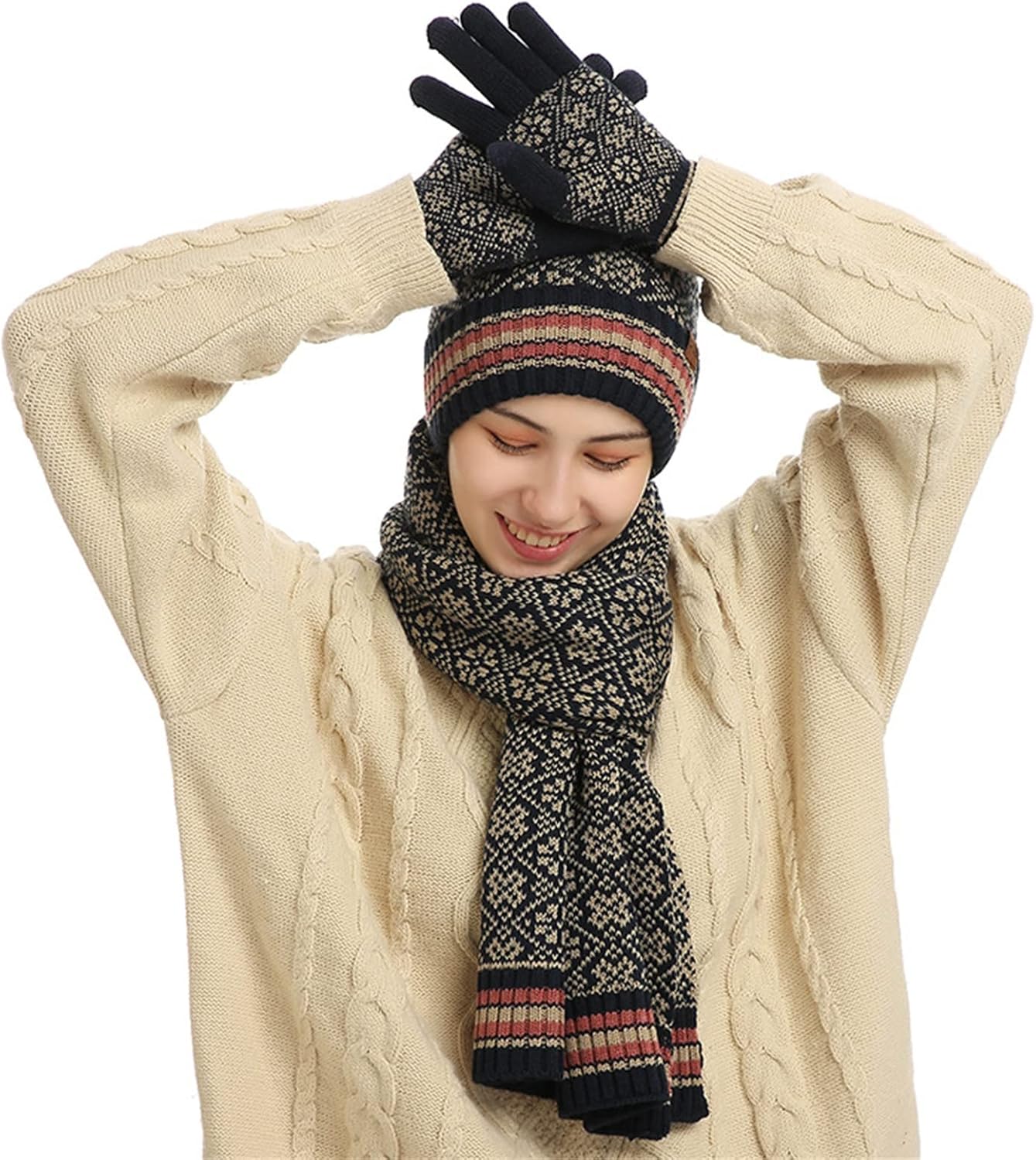 Winter Hat Scarf Gloves Set 3pcs Winter Thickened Knitted Scarf Warm Hat Gloves for Cold Weather Women Men