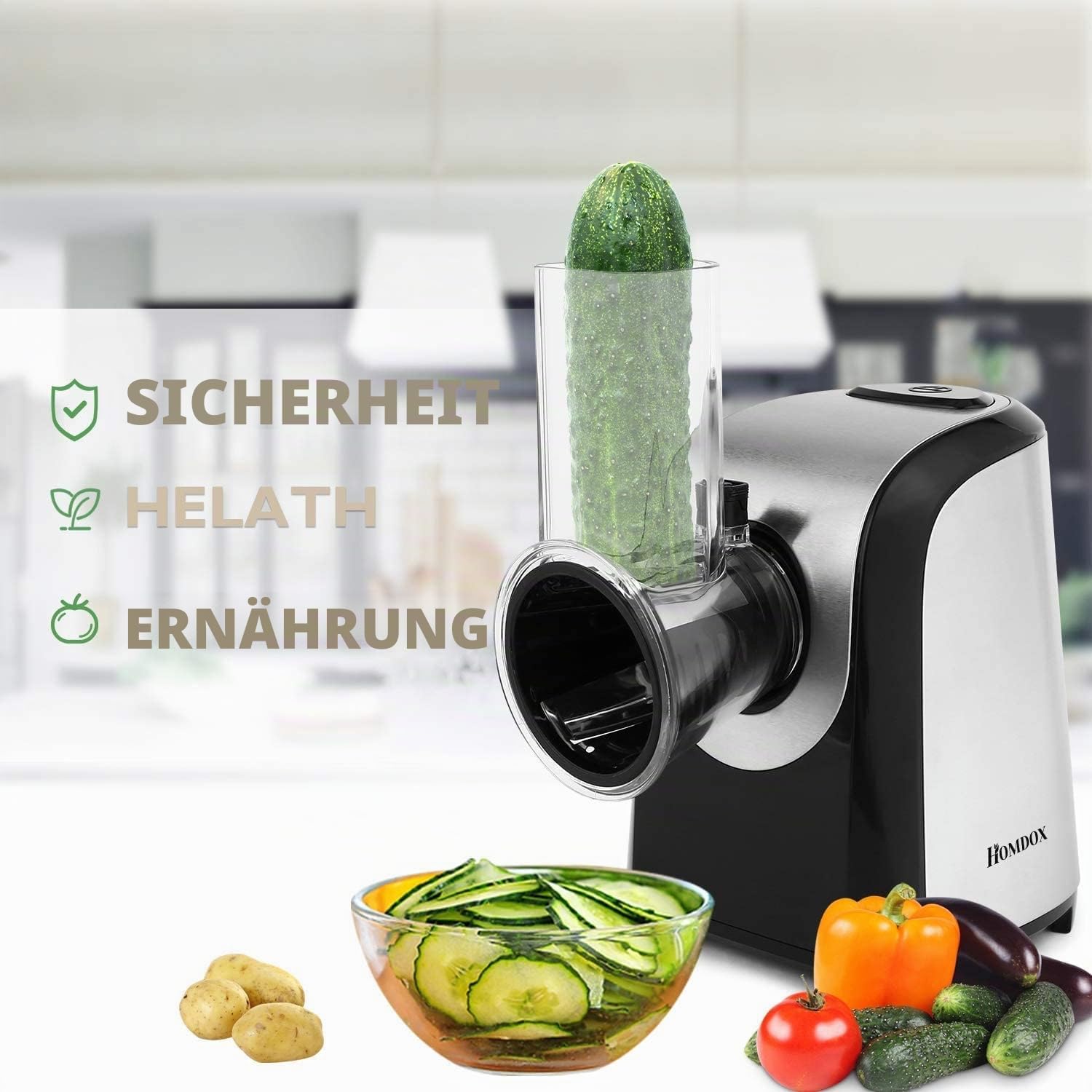 COOCHEER Gemüseschneider Elektrisch, Profi 150W Gemüsehobel Edelstahl Gemüsereibe Multireibe mit 5 Schneidetrommeln für Obst, Gemüse& Käse