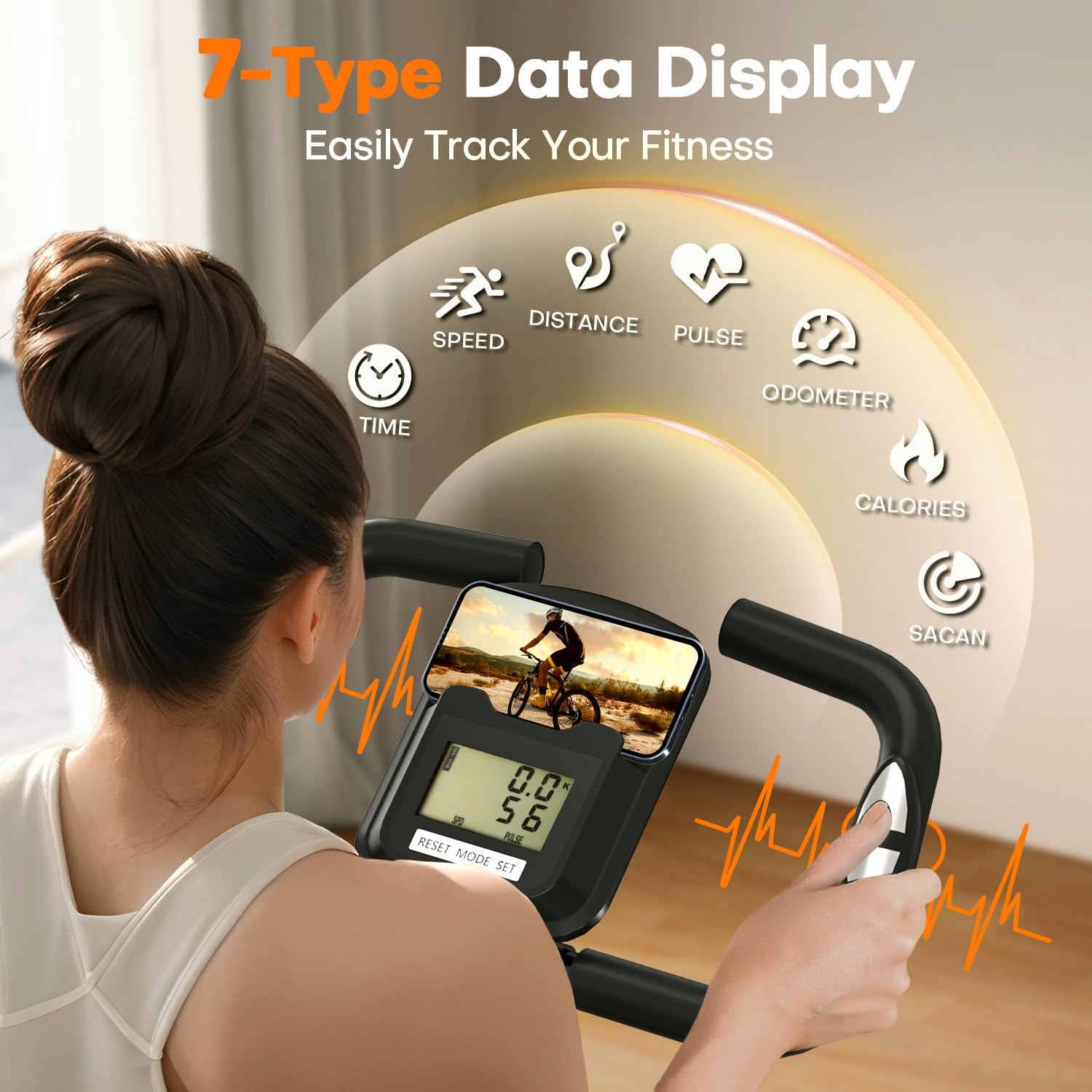 LCD display showing workout data and a phone in the holder