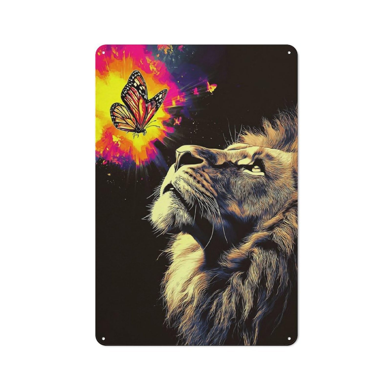 Junmoney Nature's Harmony Lion And Butterfly Retro Metal Sign With Design 30X20cm, Distressed Look Retro Room Decor For Living Room, Hallway, Kitchen Or Cafe