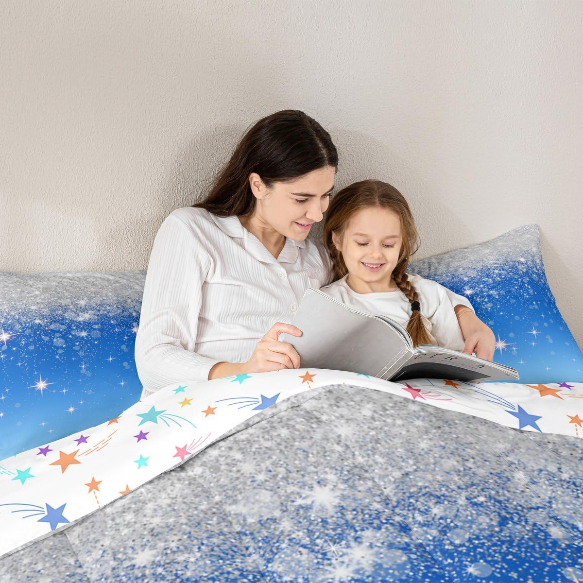 Feelyou Silver Glitter Print (No Glitter) Comforter Bling Party Decorations Bedding Set Diamond Blue Comforter Set for Girls Decor Duvet Set Quilt Queen Size Boys