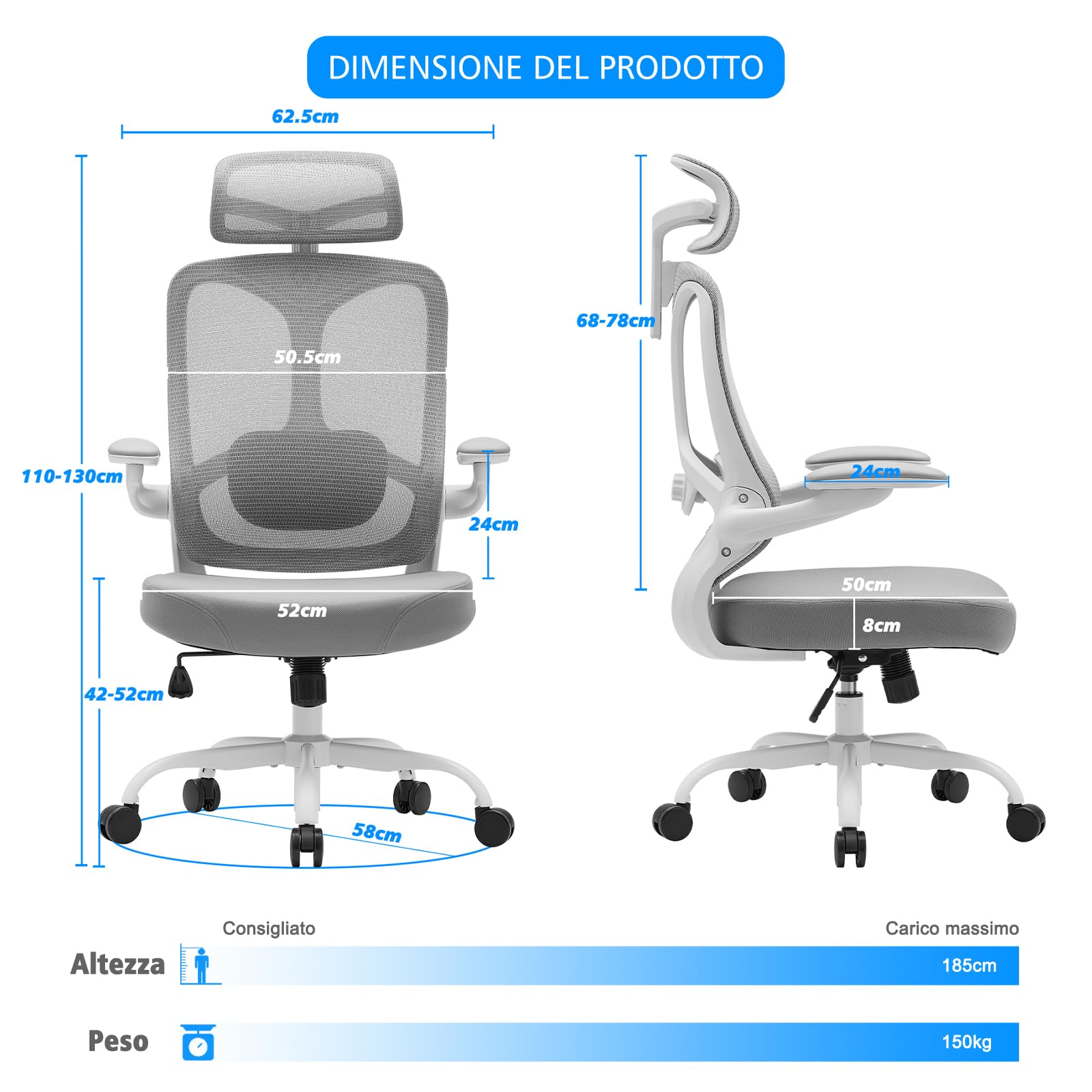 Magic Life Sedia da ufficio ergonomica,Sedia con poggiatesta 2D in rete con schienale alto, supporto lombare confortevole, braccioli regolabili (Bianco)