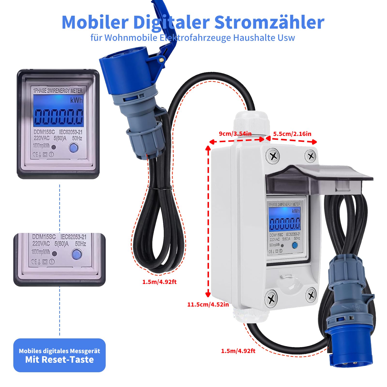 Contatore Energia Elettrica Portatile 230V 16A - Misuratore Consumi Per Camper, Casa E Auto Elettriche
