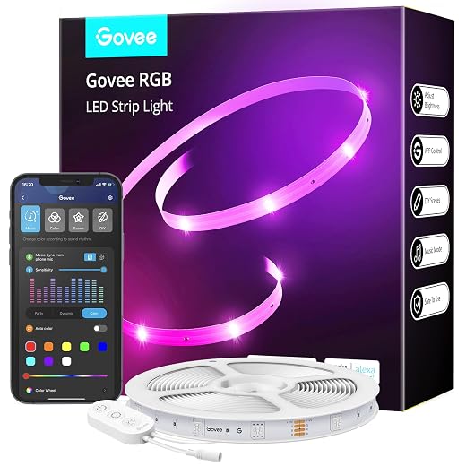 Govee 50ft smart led light strips, wifi led lights work with alexa & google assistant, bright 5050 color changing leds with app control, music sync rgb strip lights for bedroom, party