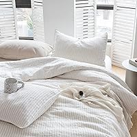 Vista 1 de Simple&Opulence Juego de funda de edredón de 100 % lino puro, 3 piezas de lino natural lavado a rayas con cierre de botón, casa de campo suave