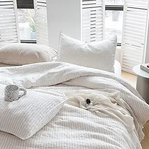 Simple&Opulence 100% Pure Linen Duvet Cover Set, 3Pcs Striped Washed Natural Flax Bedding Set with Button Closure, Soft Breathable Durable Farmhouse-1 Duvet Cover&2 Pillowshams (King, Brown Stripe)