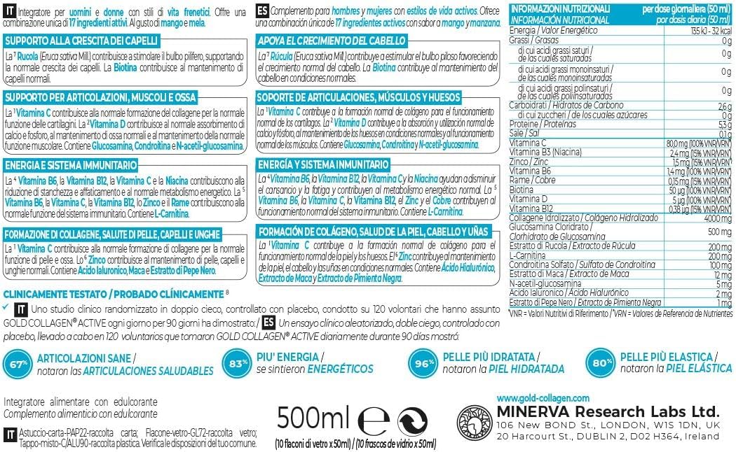GOLD COLLAGEN Active - Collagene Integratore Liquido con Vitamina C e Glucosamina, Integratore Articolazioni al Collagene Bovino con Acido Ialuronico per Capelli Ossa Pelle, 30 Flaconi da 50 ml