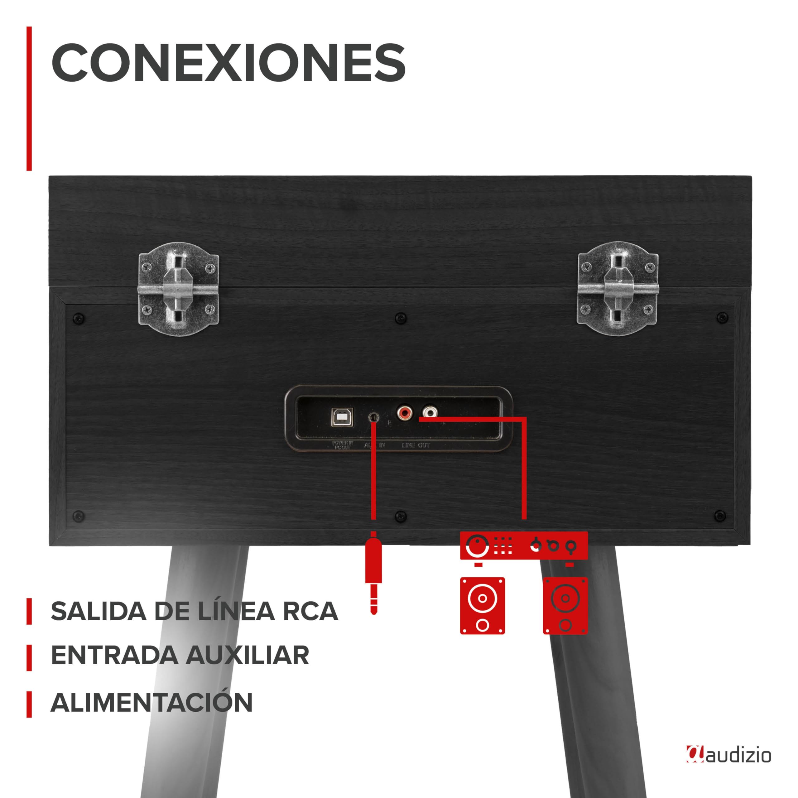 Audizio Fremont - Tocadiscos Retro con Patas de Madera, Bluetooth bidireccional, USB para digitalizar vinilos, Altavoces estéreo, RCA, 3 velocidades, Entrada AUX y Salida de Auriculares Color Negro