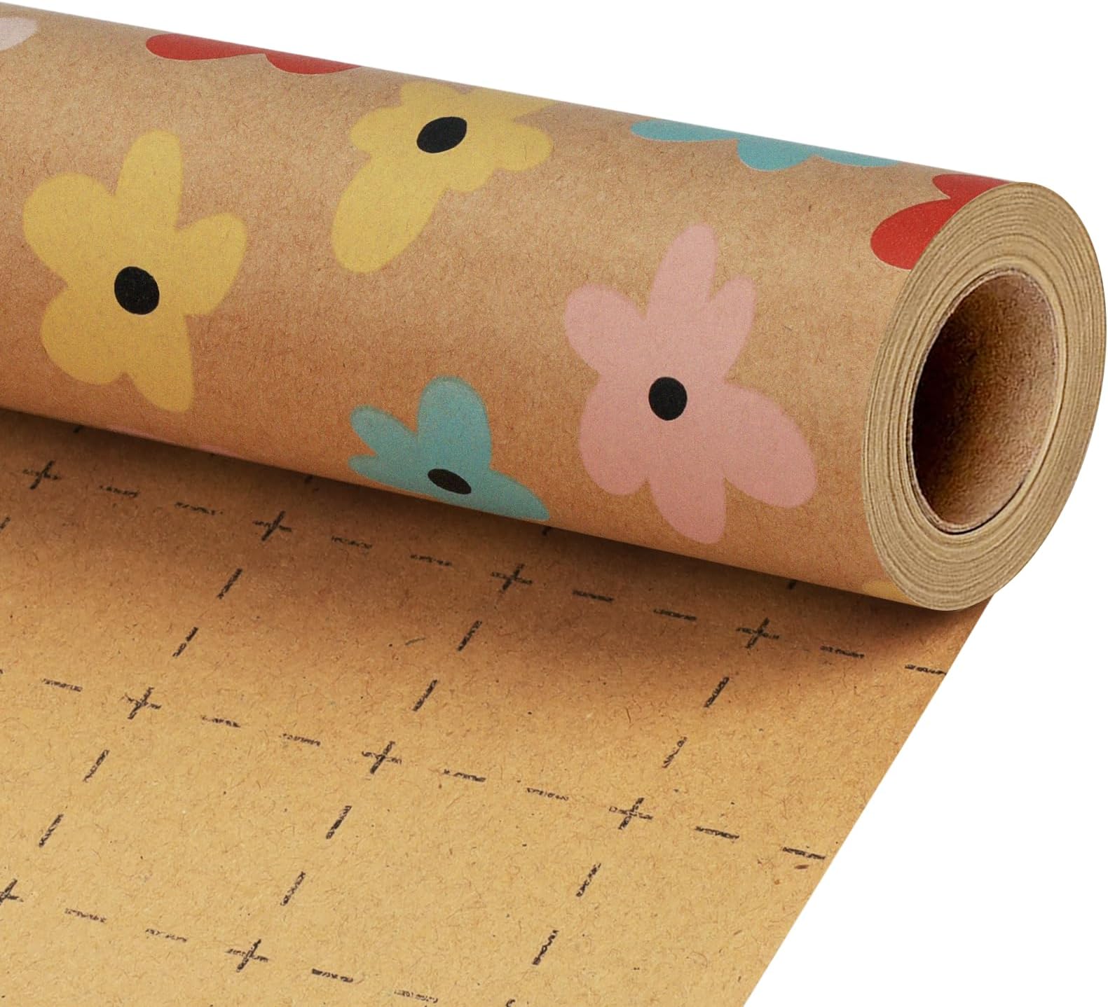 BIOBROWNKraft Floral Wrapping Paper Roll - 17 Inches X 33 Feet (47 sq. ft. ttl.) Colorful Abstract Daisy Design Flower Gift Wrap for Wedding, Bridal Shower, Birthday, Engagement