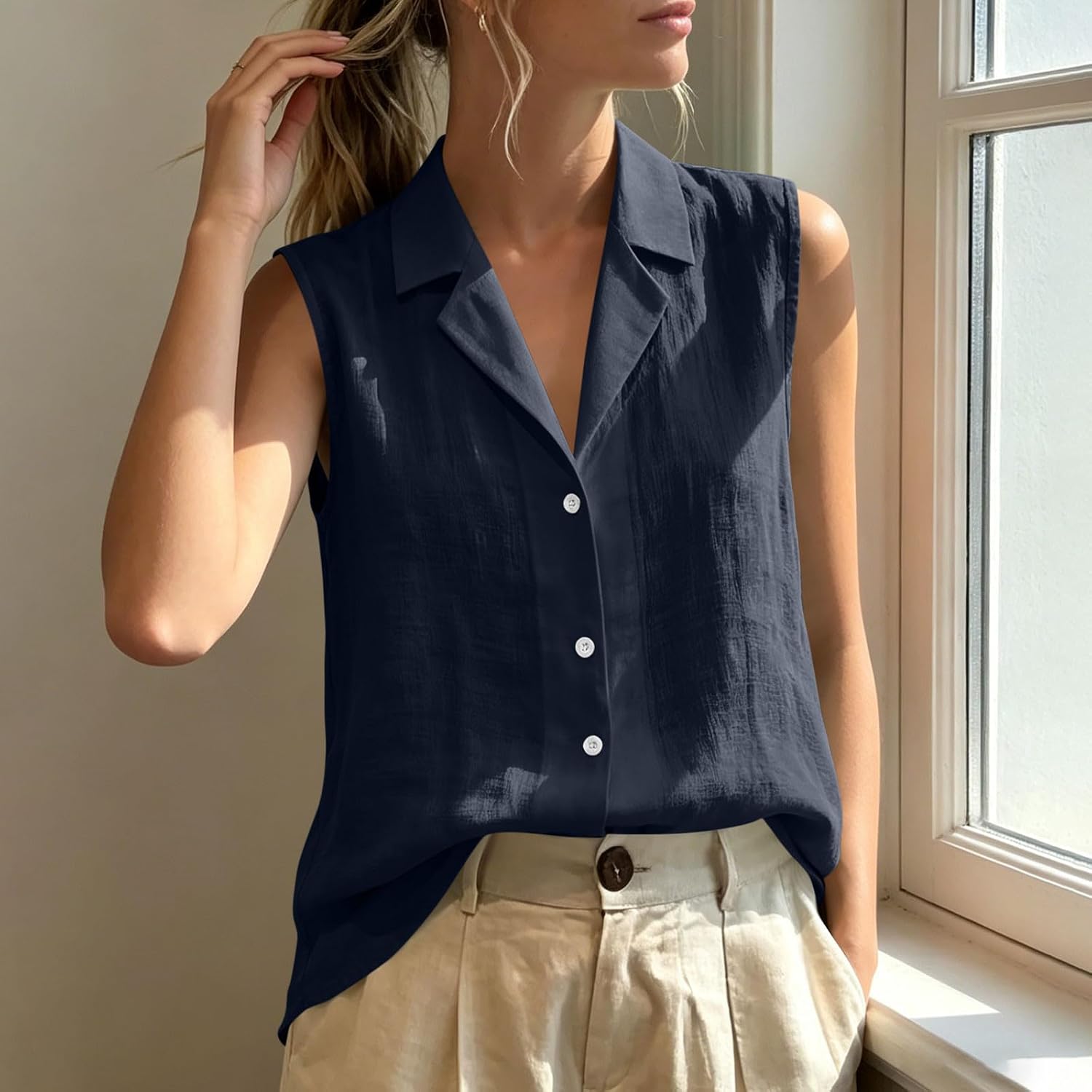Womens Button Down Shirt Summer Sleeveless Cotton Linen | Womens Summer Button Down Shirt Sleeveless Cotton Linen Blouses Button Up Tops Business Casual Outfits