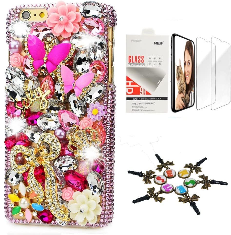 Bling Case Compatible with iPhone 7 Plus/iPhone 8 Plus - Stylish - 3D Handmade [Sparkle Series] Big Rose Flowers Design Cover with Screen Protector [2 Pack] - Pink