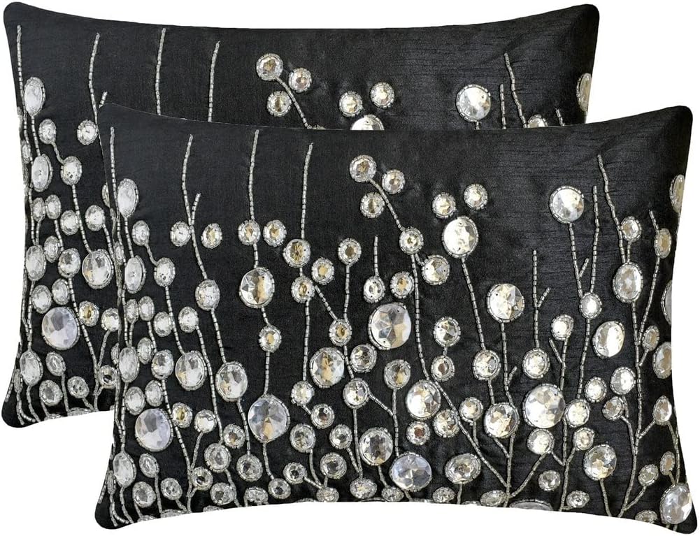 The HomeCentric Halloween Decorative Lumbar Pillow Cover Designer Black 12"x16" Fall Oblong Pillow Covers, Silk Crystal Embroidery Oblong Pillow, Abstract Pattern Modern - Kristy
