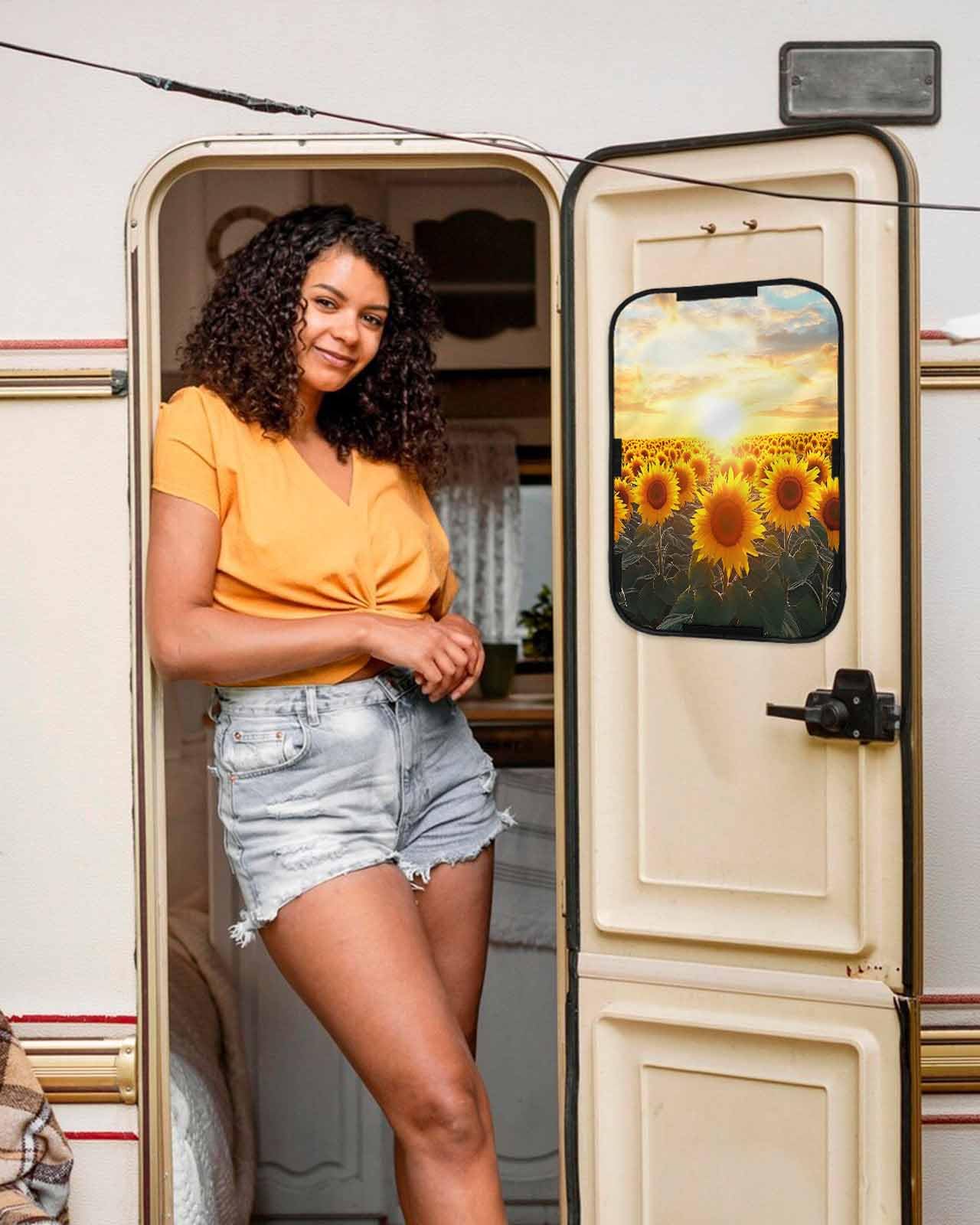 LEOKOTI RV Door Window Shade, Sunflower Farmhouse Blackout RV Window Shades Foldable, Summer Watercolor Botanical Floral Privacy Insulation Car Covers for Camper 16